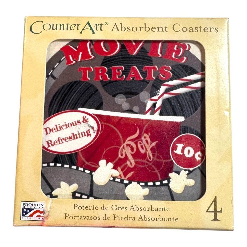 Counterart Absorbent Coasters Square Movie Night 4-Pack Popcorn Treats Candy